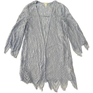 Miami Womens Med Blue Crochet Sheer Lace Cardigan Sweater BOHO Cottagecore Fairy